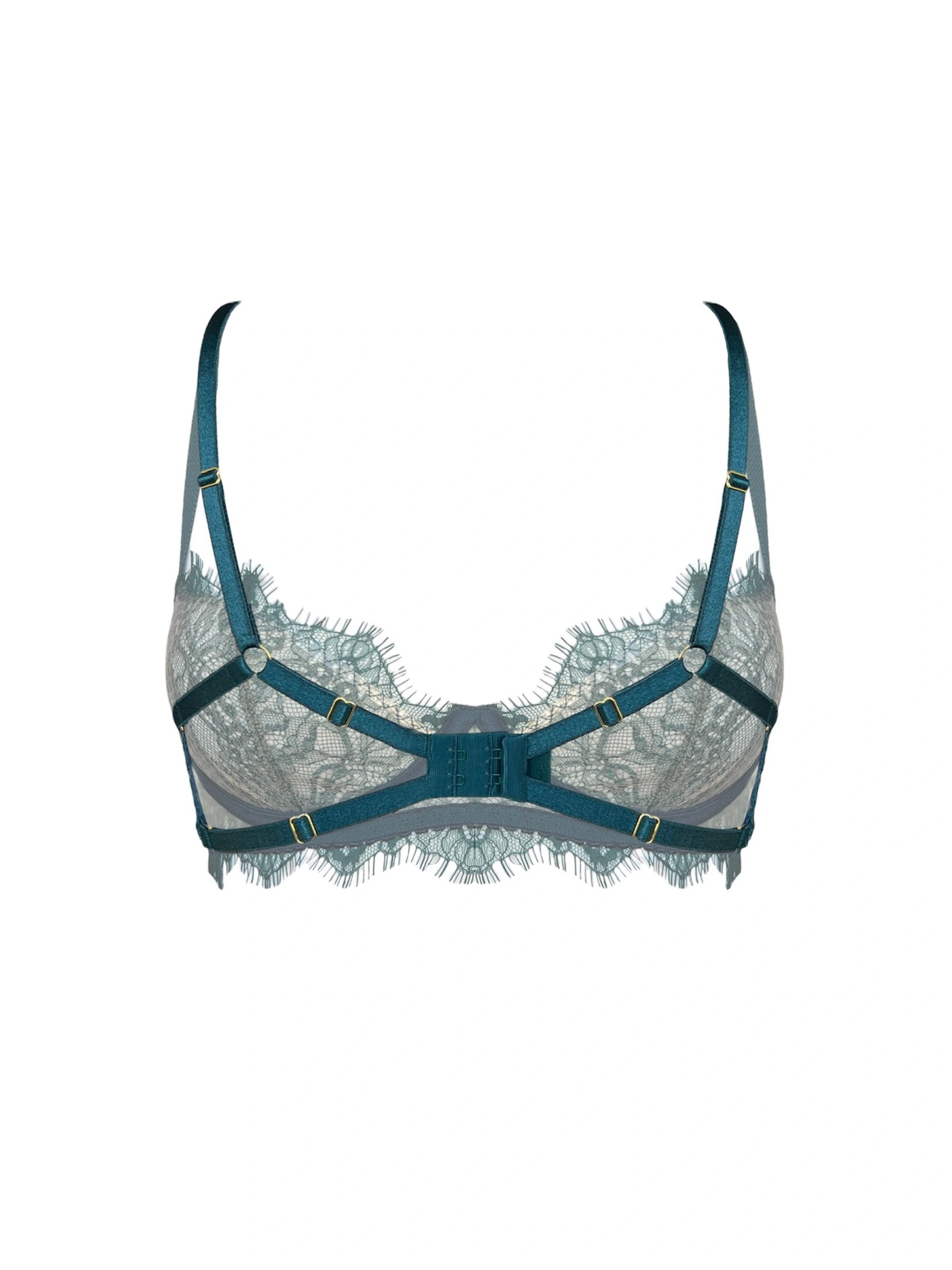 Szmaragdowy biustonosz Evergreen w kroju plunge, wykonany z francuskiej koronki, z regulacją na plecach i złotymi detalami.