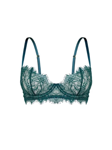 Biustonosz Evergreen z francuskiej szmaragdowej koronki, z otwartymi plecami, złotymi dodatkami i beżową tiulową podszewką - model plunge od Pavlova.pl.