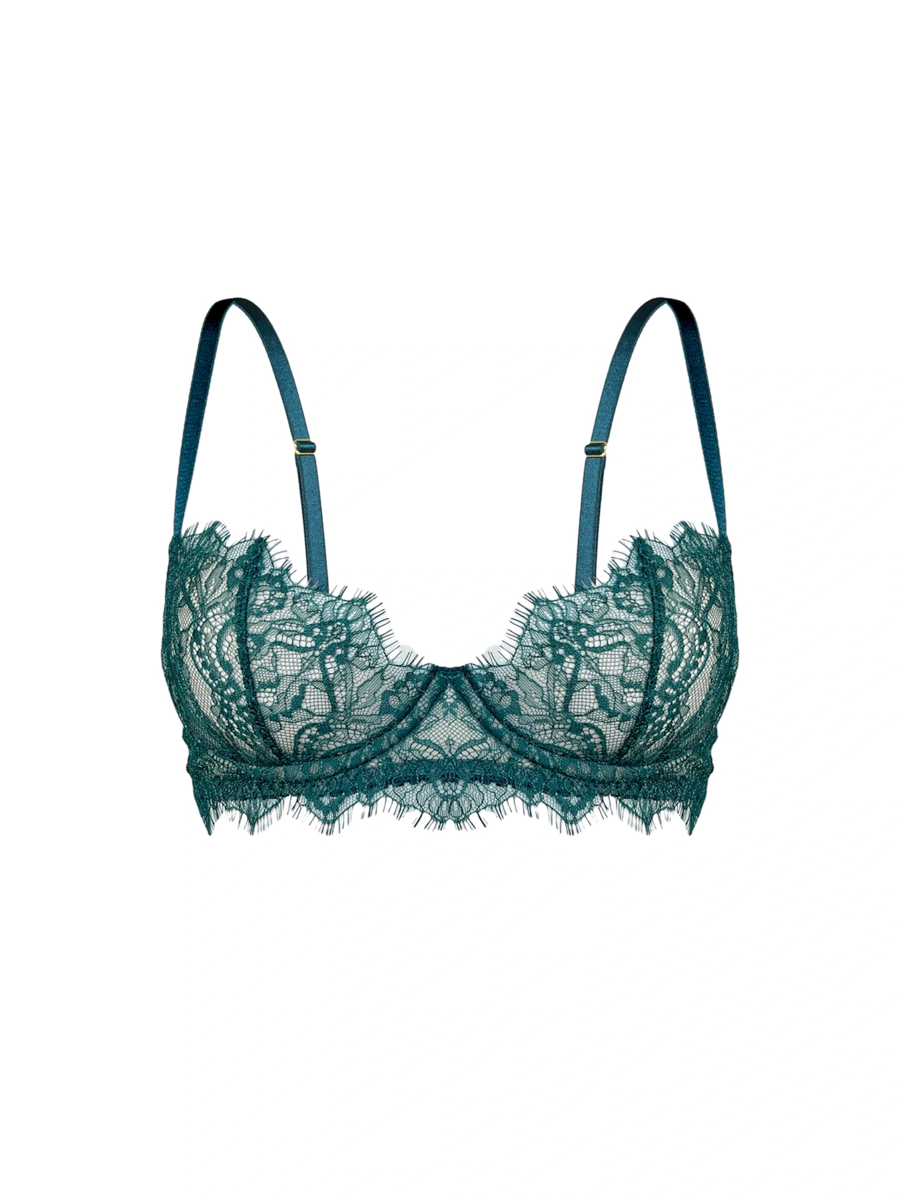 Biustonosz Evergreen z francuskiej szmaragdowej koronki, z otwartymi plecami, złotymi dodatkami i beżową tiulową podszewką - model plunge od Pavlova.pl.