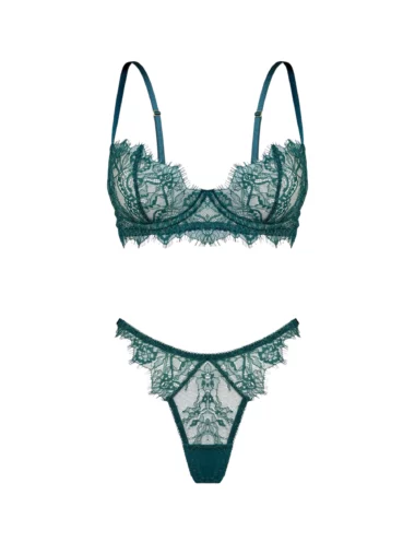 Komplet Evergreen z szmaragdowej francuskiej koronki - biustonosz plunge z otwartym tyłem i majtki brazylijskie z bezszwowym wykończeniem.