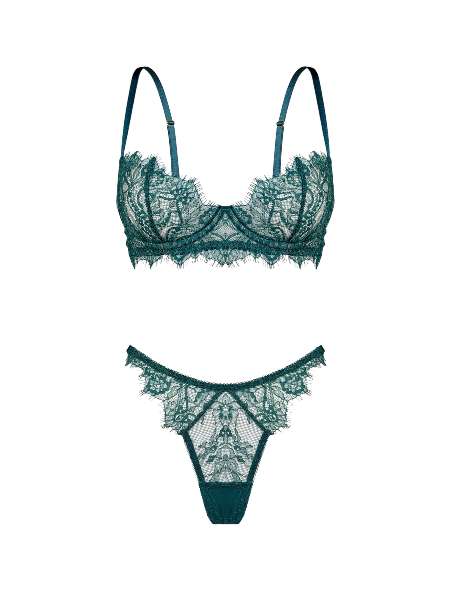 Komplet Evergreen z szmaragdowej francuskiej koronki - biustonosz plunge z otwartym tyłem i majtki brazylijskie z bezszwowym wykończeniem.
