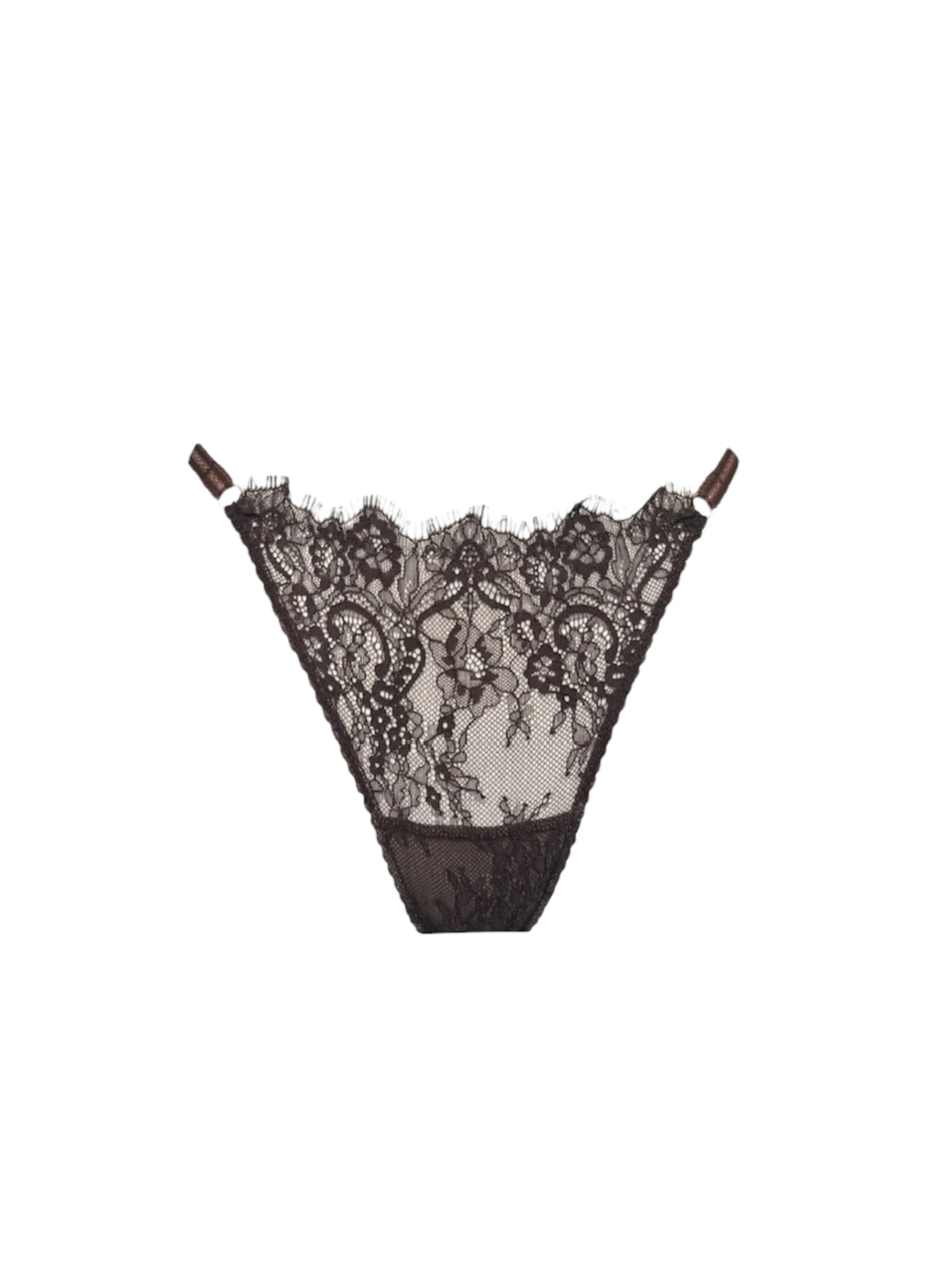 Stringi Praline z francuskiej brązowej koronki - zmysłowy i elegancki krój z delikatnym wykończeniem.