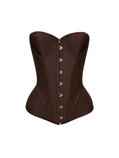 Brązowy gorset Parisa z metalowym buskiem, dopasowany gorset modelujący talię, widok z przodu