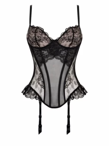 Gorset koronkowy Première Pavlova Lingerie, czarna koronka, usztywniane nieprześwitujące miseczki, elegancki gorset premium