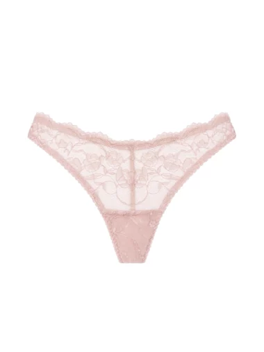 Pudrowe majtki brazylijskie Greta z delikatnej koronki podkreślające pośladki