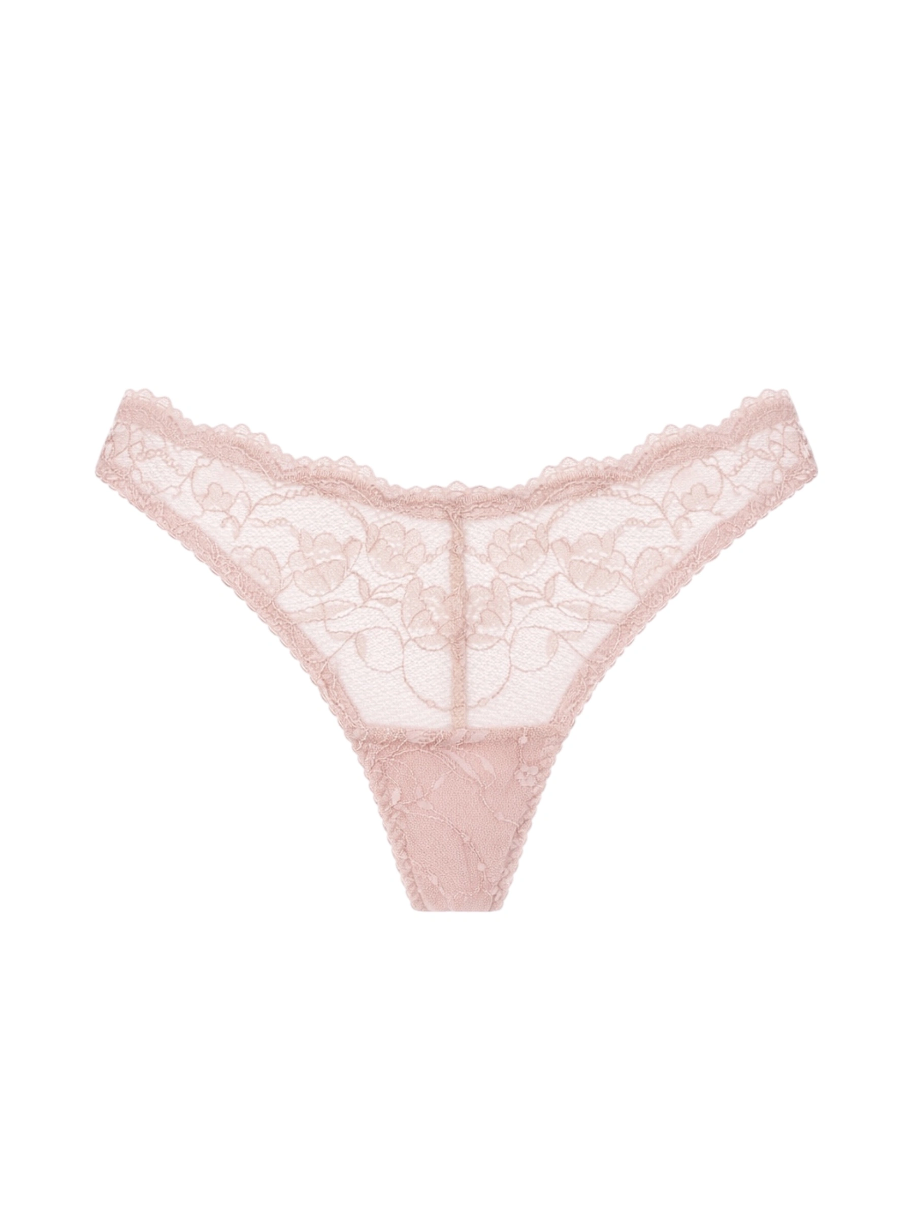 Pudrowe majtki brazylijskie Greta z delikatnej koronki podkreślające pośladki