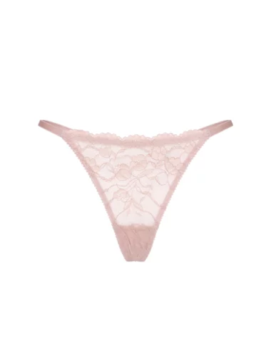 Pudrowe stringi Greta z koronki i tiulu regulowane z cienkimi paskami