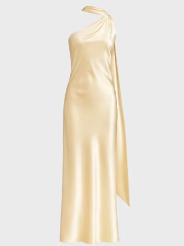 Sukienka Butter Eloise masełkowa na jedno ramię z marszczeniem i szarfą elegancka na wesele